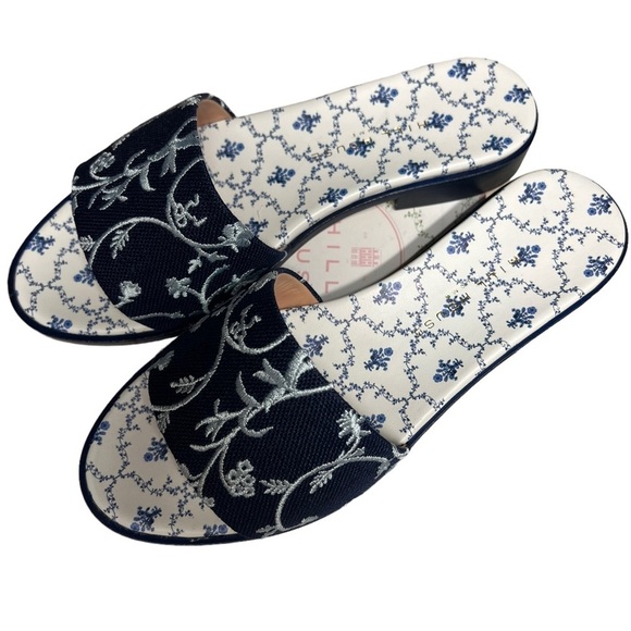 NWT Hill House The Summer Slide Blue Botanical Embroidered Navy Sandal 5.5 - Picture 3 of 6